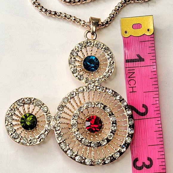 Three Ring Pendant Necklace, Crystal Pendant on a Gold Tone Long Necklace - Picture 4 of 10